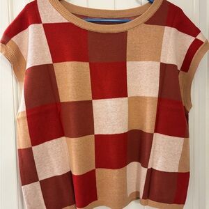 Red and Tan Checkered Knit Sweater